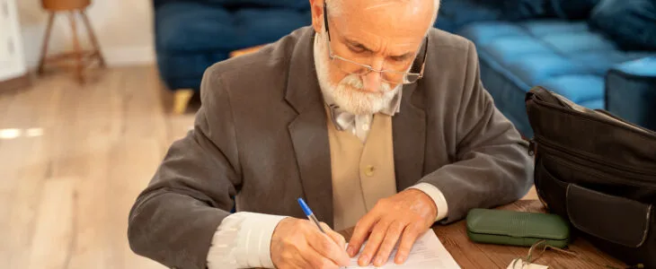 Elegant caucasian senior man signing documents of health insurance.