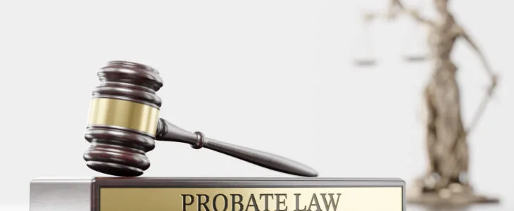 Probate law: Judge's Gavel as a symbol of legal system and wooden stand with text word.